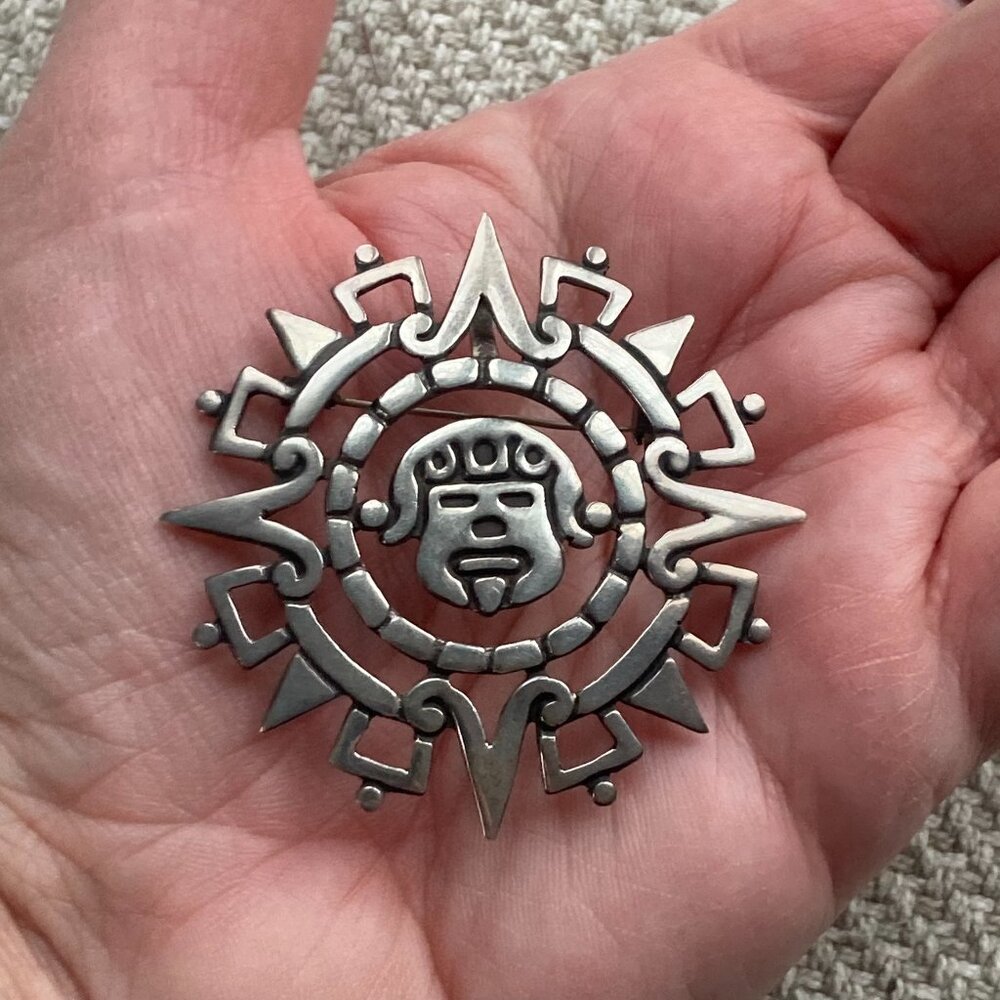 Taxco Mexico Sterling Aztec Sun God Brooch / Pendant, 10.2g, Alberto Diaz Ocampo - Picture 3 of 11